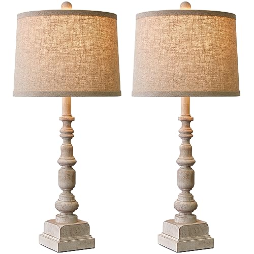 Oneach 27.75” Vintage Farmhouse Table Lamp with USB A+C for Living Room Rustic Table Lamp Bedside Lamps Bedroom Nightstand Lamps Linen Washed Antique White