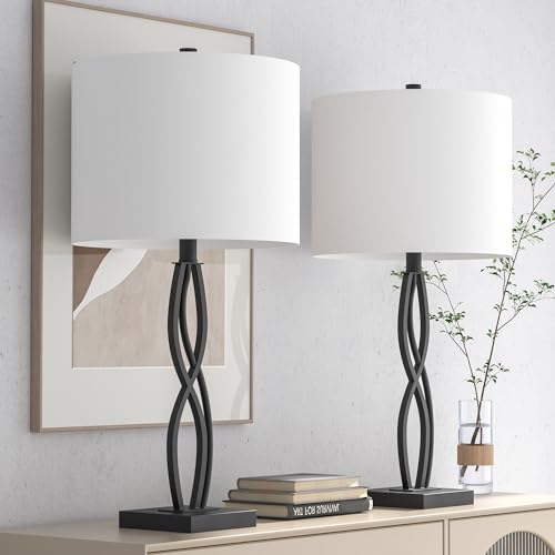 Table Lamps Set of 2 for Living Room, 26" Buffet Lamps, Bedside Desk Lamps for Bedroom with Fabric Shade, 3-Way Dimmable Black Table Lamp for End Tables, Home Tall Lamp for Office and Dining Room