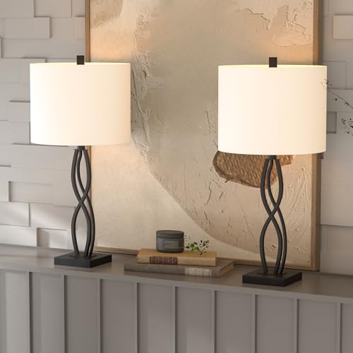 Table Lamps Set of 2 for Living Room, 26" Buffet Lamps, Bedside Desk Lamps for Bedroom with Fabric Shade, 3-Way Dimmable Black Table Lamp for End Tables, Home Tall Lamp for Office and Dining Room