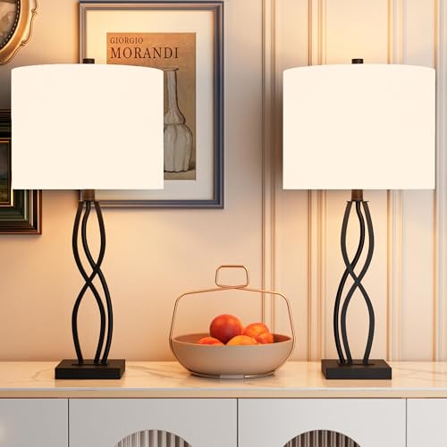 Table Lamps Set of 2 for Living Room, 26" Buffet Lamps, Bedside Desk Lamps for Bedroom with Fabric Shade, 3-Way Dimmable Black Table Lamp for End Tables, Home Tall Lamp for Office and Dining Room