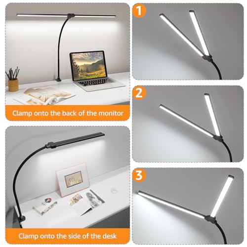 ShineTech Led Desk Lamp for Office Home, Bright Double Head Desk Light with Clamp, Architect Task Lamp 50 Lighting Modes Adjustable Flexible Gooseneck