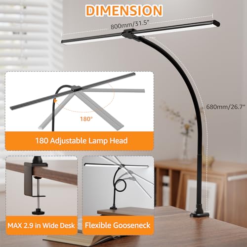 ShineTech Led Desk Lamp for Office Home, Bright Double Head Desk Light with Clamp, Architect Task Lamp 50 Lighting Modes Adjustable Flexible Gooseneck