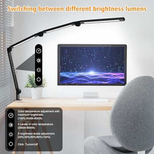 LED Desk Lamp with Clip,Flexible 4 Section 3 Light Source Office Desk Lamp,4 Color Temperatures and 5 Brightness Level Desk Light,Night Eye Protection Task Table Lamp for Home Office Studio Study Nail