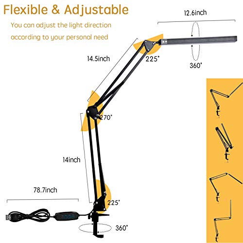 LED Desk Lamp, Adjustable Swing Arm Lamp with Clamp, Eye-Caring Reading Light, 10 Brightness Levels, 3 Lighting Modes, Memory Function Lamps for Home Office Adapter (Black)