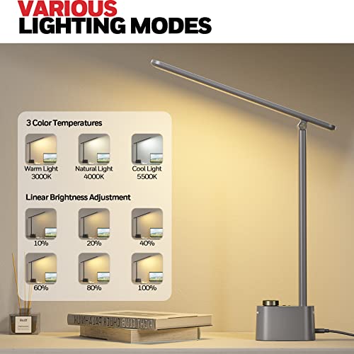 Honeywell HWT-H01 LED Desk Lamp Dimmable Table Lamp with USB A+C Dual Charging Port Eye-Caring Foldable Desk Light with 3 Color Modes for Home Office Bedroom Reading Study Work Sunturalux (Gray)