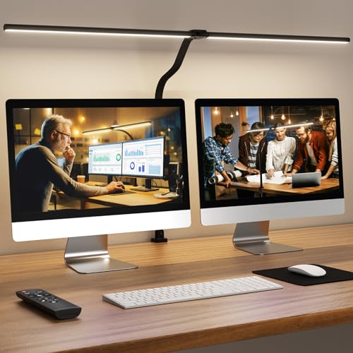 APMIEK LED Desk Lamp for Home Office, 24W Remote Control Computer Desk Light Bright Desktop Lamp Multi Lighting Modes Dimmable Clamp Desk Lighting for Work with Adjustable Gooseneck, Double Head,Black