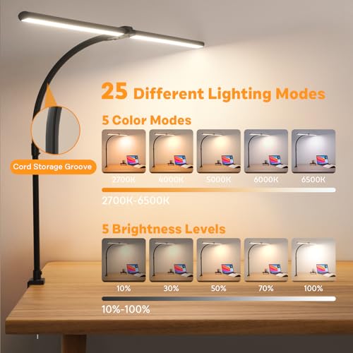 APMIEK LED Desk Lamp for Home Office, 24W Remote Control Computer Desk Light Bright Desktop Lamp Multi Lighting Modes Dimmable Clamp Desk Lighting for Work with Adjustable Gooseneck, Double Head,Black