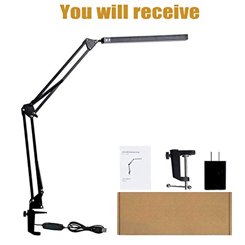 LED Desk Lamp, Adjustable Swing Arm Lamp with Clamp, Eye-Caring Reading Light, 10 Brightness Levels, 3 Lighting Modes, Memory Function Lamps for Home Office Adapter (Black)
