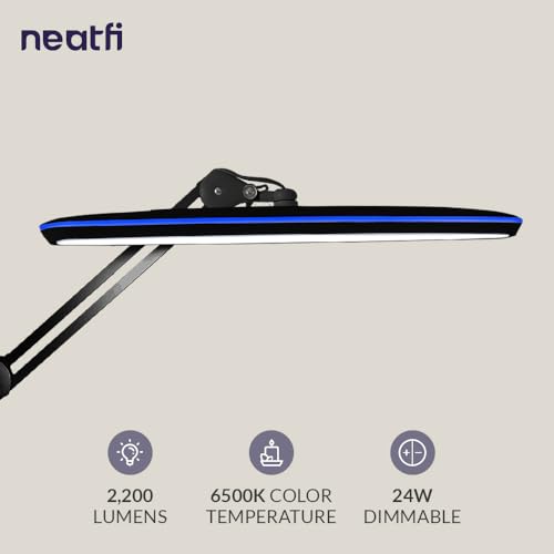 Neatfi XL LED Task Lamp with Clamp, 2,200 Lumens, 24W, 117 SMD LED, 23 Inches Ultra Wide, 4-Level Dimmable Brightness, Eye-Caring, Glare-Free, Adjustable Arm (Black)