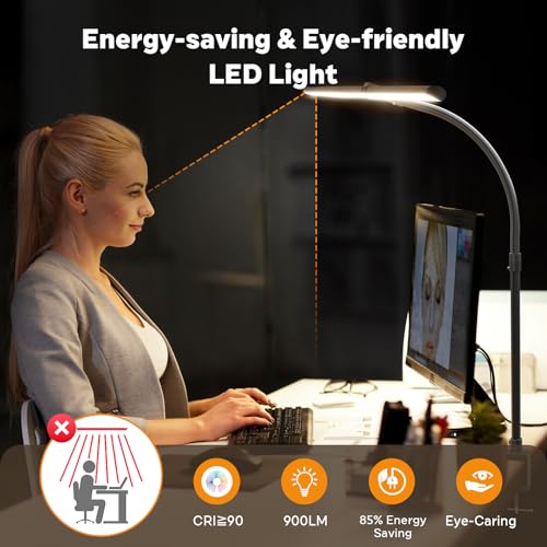 APMIEK LED Desk Lamp for Home Office, 24W Remote Control Computer Desk Light Bright Desktop Lamp Multi Lighting Modes Dimmable Clamp Desk Lighting for Work with Adjustable Gooseneck, Double Head,Black