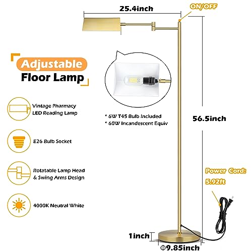 Mlambert Reading Floor Lamp,LED Pharmacy Lamp with Swing Arm,Swivel Head Adjustable Standing Lamp,E26 Base,Corner Lamp for Livingroom,Sewing(Brass)