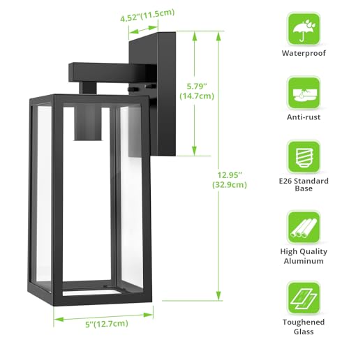 MAXvolador Outdoor Wall Sconce, Exterior Waterproof Wall Lantern Light Fixtures, Black Porch Lights with Toughened Glass, Anti-Rust Wall lamp, 2 Pack