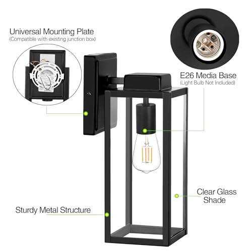 Large Size Outdoor Wall Lights,16 Inch Outdoor Wall Lantern, Waterproof Exterior Wall Sconce, Anti-Rust Wall Mounted Lighting with Glass Shade, Matte Black Lamp with E26 Socket for Porch, Front Door