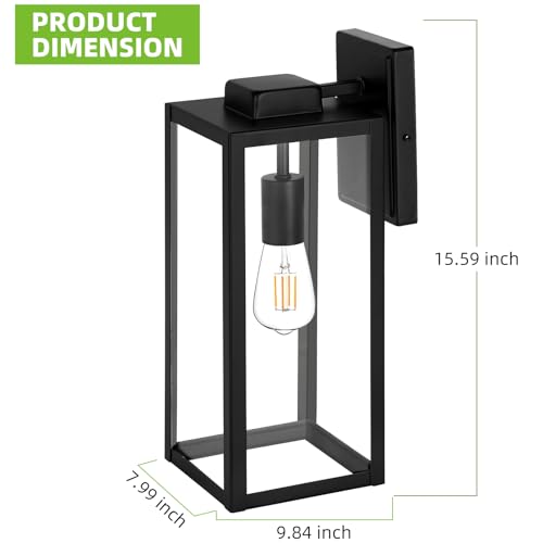 Large Size Outdoor Wall Lights,16 Inch Outdoor Wall Lantern, Waterproof Exterior Wall Sconce, Anti-Rust Wall Mounted Lighting with Glass Shade, Matte Black Lamp with E26 Socket for Porch, Front Door