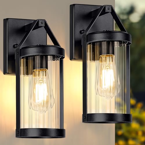 2-Pack Outdoor Light Fixtures Wall Mount, Waterproof Modern Exterior Wall Lantern Porch Lights, Black Wall Sconce with Clear Ribbed Glass, Outside Lights for House, Patio, Bulbs Not Included