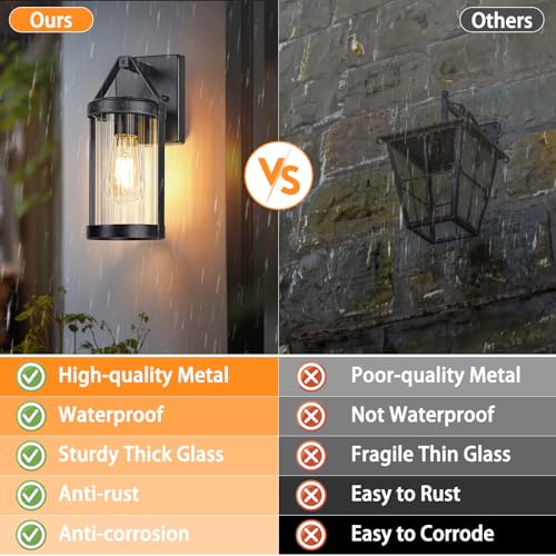 2-Pack Outdoor Light Fixtures Wall Mount, Waterproof Modern Exterior Wall Lantern Porch Lights, Black Wall Sconce with Clear Ribbed Glass, Outside Lights for House, Patio, Bulbs Not Included