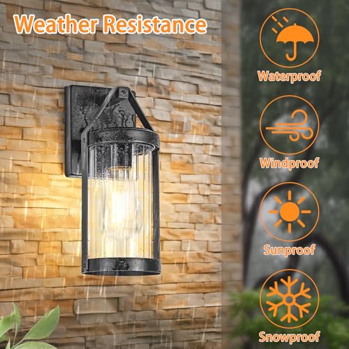 2-Pack Outdoor Light Fixtures Wall Mount, Waterproof Modern Exterior Wall Lantern Porch Lights, Black Wall Sconce with Clear Ribbed Glass, Outside Lights for House, Patio, Bulbs Not Included