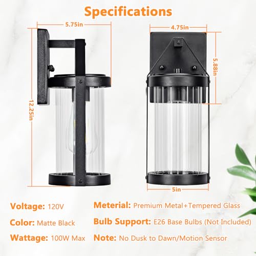 2-Pack Outdoor Light Fixtures Wall Mount, Waterproof Modern Exterior Wall Lantern Porch Lights, Black Wall Sconce with Clear Ribbed Glass, Outside Lights for House, Patio, Bulbs Not Included