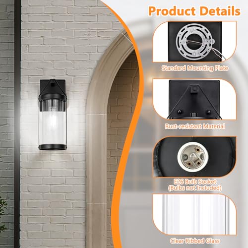 2-Pack Outdoor Light Fixtures Wall Mount, Waterproof Modern Exterior Wall Lantern Porch Lights, Black Wall Sconce with Clear Ribbed Glass, Outside Lights for House, Patio, Bulbs Not Included
