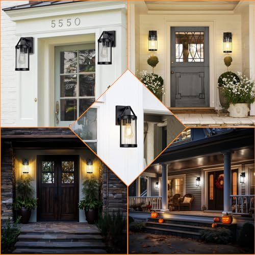 2-Pack Outdoor Light Fixtures Wall Mount, Waterproof Modern Exterior Wall Lantern Porch Lights, Black Wall Sconce with Clear Ribbed Glass, Outside Lights for House, Patio, Bulbs Not Included