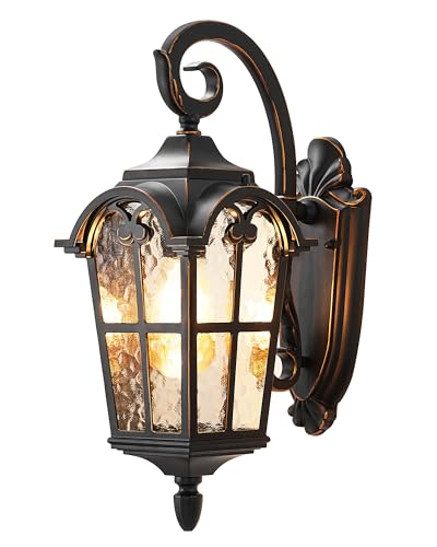 DEWENWILS Outdoor Wall Light Fixtures Wall Mount, Black Roman 17.7" H Exterior Wall Lantern, Anti-Rust & Waterproof, Water Ripple Glass, Outside Wall Sconce Porch Light for House, Garage