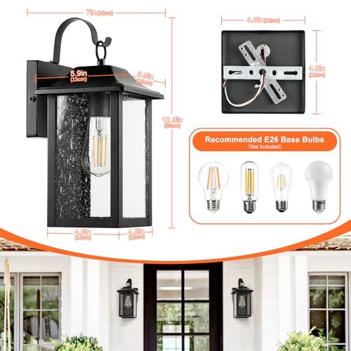 Brightever 2-Pack Outdoor Wall Lights, Exterior Wall Light Fixtures with Seeded Glass&E26 Socket, Anti-Rust Outdoor Lamps for Patio, Waterproof Wall-Mounted Lighting for Front Door(Bulb Not Included)
