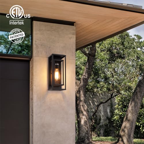 mirrea 14" Classic Outdoor Wall Sconce 1 Light in Matte Black Rectangular Metal Frame and Clear Glass Shade Waterproof Porch Light Patio Light Pack of 2