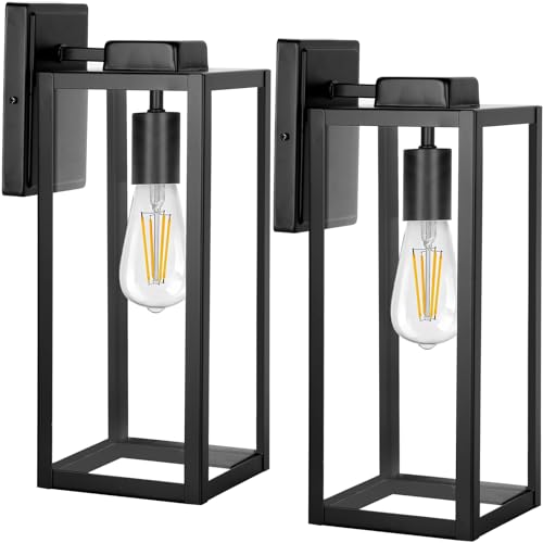 Large Size Outdoor Wall Lights,16 Inch Wall Lantern, Waterproof Exterior Wall Sconce, Anti-Rust Wall Mounted Lighting with Glass Shade, Matte Black Lamp with E26 Socket for Porch, Front Door , 2 pack