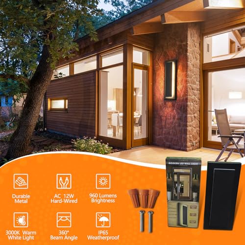 tewei 2 Pack Modern LED Outdoor Wall Lights, Black Exterior Wall Sconce & Indoor Wall Sconce Lighting Fixtures, 15.7'' Large Front Door Lights for Entrance, Hallway, 360° Beam Angle, Warm White 3000K