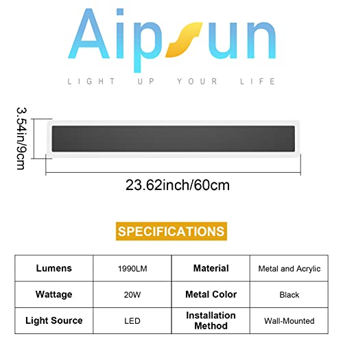 Aipsun 2 Pack Outdoor LED Wall Light,23.6 inch LED Modern Porch & Patio Wall Sconce Black Exterior Lights Wall Light for Living Room,Garage,Bathroom(Warm Light 3000K)