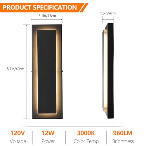 tewei 2 Pack Modern LED Outdoor Wall Lights, Black Exterior Wall Sconce & Indoor Wall Sconce Lighting Fixtures, 15.7'' Large Front Door Lights for Entrance, Hallway, 360° Beam Angle, Warm White 3000K