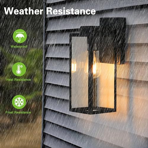 Large Size Outdoor Wall Lights,16 Inch Wall Lantern, Waterproof Exterior Wall Sconce, Anti-Rust Wall Mounted Lighting with Glass Shade, Matte Black Lamp with E26 Socket for Porch, Front Door , 2 pack