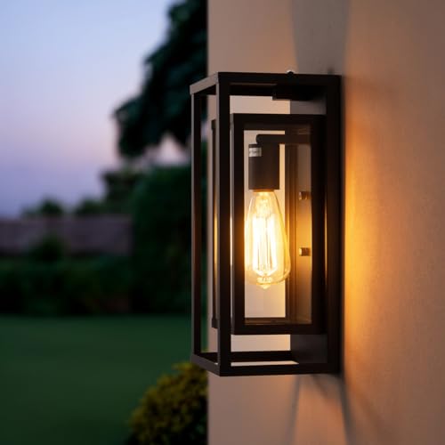 mirrea 14" Dusk to Dawn Outdoor Wall Sconce 1 Light in Matte Black Rectangular Metal Frame and Clear Glass Shade Waterproof Porch Light Patio Light Pack of 2