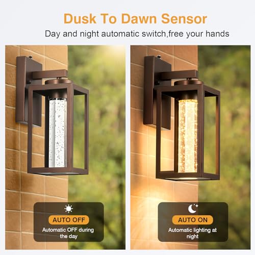 VIANIS 2-Pack Outdoor Wall Lights, Dusk to Dawn LED Outside Lighting Fixtures for House, Oil Rubbed Bronze Modern Exterior Sconce Light Wall Mount Lanterns, Crystal Bubble Glass Garage Lights Lamps