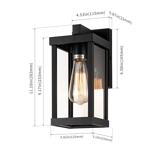 mirrea 11" Classic Outdoor Wall Sconce 1 Light in Matte Black Rectangular Metal Frame and Clear Glass Shade Waterproof Porch Light Patio Light Pack of 2