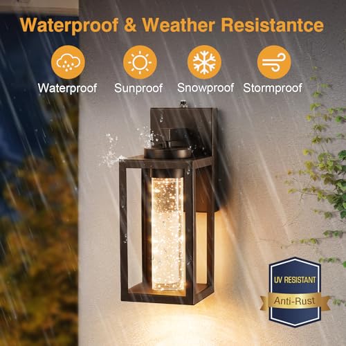 VIANIS 2-Pack Outdoor Wall Lights, Dusk to Dawn LED Outside Lighting Fixtures for House, Oil Rubbed Bronze Modern Exterior Sconce Light Wall Mount Lanterns, Crystal Bubble Glass Garage Lights Lamps