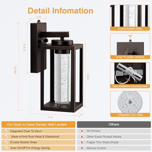 VIANIS 2-Pack Outdoor Wall Lights, Dusk to Dawn LED Outside Lighting Fixtures for House, Oil Rubbed Bronze Modern Exterior Sconce Light Wall Mount Lanterns, Crystal Bubble Glass Garage Lights Lamps