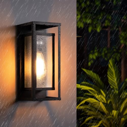 mirrea 14" Dusk to Dawn Outdoor Wall Sconce 1 Light in Matte Black Rectangular Metal Frame and Clear Glass Shade Waterproof Porch Light Patio Light Pack of 2