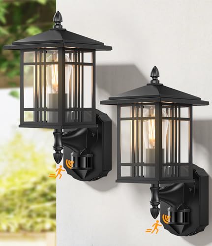 Lamomo Outdoor Wall Porch Lights,2 Pack Motion Sensor Outdoor Lights, Anti-Rust Waterproof Black Exterior Light Fixture, Outside Wall Mount with Clear Glass E26 Base for Entryway, Hallway, Garage