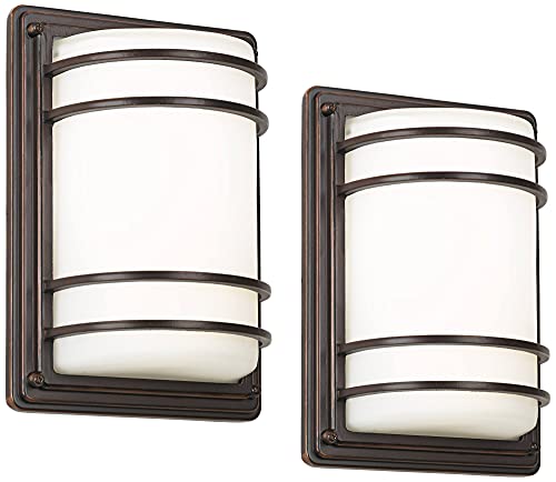 John Timberland Habitat Modern Industrial Outdoor Wall Light Fixtures Set of 2 Oil Rubbed Bronze 11" LED Opal Glass Shade Exterior House Porch Patio Outside Deck Garage Yard Front Door Garden