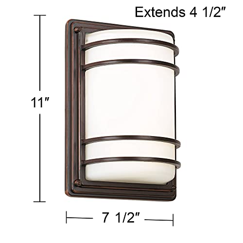 John Timberland Habitat Modern Industrial Outdoor Wall Light Fixtures Set of 2 Oil Rubbed Bronze 11" LED Opal Glass Shade Exterior House Porch Patio Outside Deck Garage Yard Front Door Garden