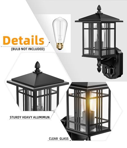 Lamomo Outdoor Wall Porch Lights,2 Pack Motion Sensor Outdoor Lights, Anti-Rust Waterproof Black Exterior Light Fixture, Outside Wall Mount with Clear Glass E26 Base for Entryway, Hallway, Garage