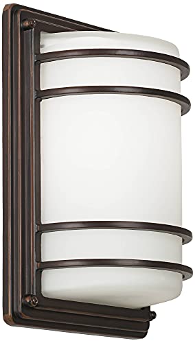 John Timberland Habitat Modern Industrial Outdoor Wall Light Fixtures Set of 2 Oil Rubbed Bronze 11" LED Opal Glass Shade Exterior House Porch Patio Outside Deck Garage Yard Front Door Garden