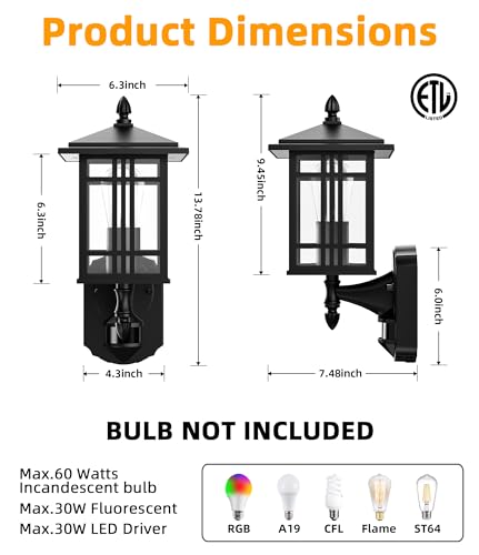 Lamomo Outdoor Wall Porch Lights,2 Pack Motion Sensor Outdoor Lights, Anti-Rust Waterproof Black Exterior Light Fixture, Outside Wall Mount with Clear Glass E26 Base for Entryway, Hallway, Garage