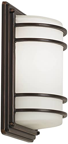 John Timberland Habitat Modern Industrial Outdoor Wall Light Fixtures Set of 2 Oil Rubbed Bronze 11" LED Opal Glass Shade Exterior House Porch Patio Outside Deck Garage Yard Front Door Garden