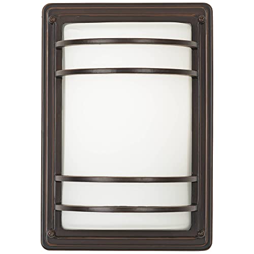 John Timberland Habitat Modern Industrial Outdoor Wall Light Fixtures Set of 2 Oil Rubbed Bronze 11" LED Opal Glass Shade Exterior House Porch Patio Outside Deck Garage Yard Front Door Garden