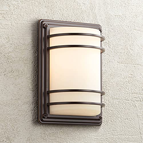 John Timberland Habitat Modern Industrial Outdoor Wall Light Fixtures Set of 2 Oil Rubbed Bronze 11" LED Opal Glass Shade Exterior House Porch Patio Outside Deck Garage Yard Front Door Garden