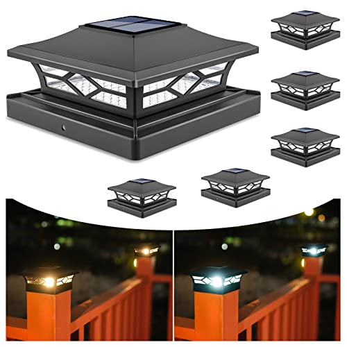 VOLISUN Solar Post Cap Lights: 6 - Pack Outdoor Post Light for White/Black 4x4 Vinyl Fence Deck - Dock 4x4/6x6 Wooden Post 2 Color Modes Waterproof Warm White