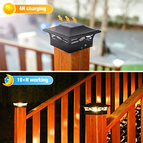 VOLISUN Solar Post Cap Lights: 6 - Pack Outdoor Post Light for White/Black 4x4 Vinyl Fence Deck - Dock 4x4/6x6 Wooden Post 2 Color Modes Waterproof Warm White