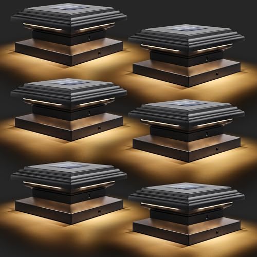 Brizled Solar Post Lights, 6 Pack 12 LEDs Solar Powered Deck Fence Cap Lights Fit 4x4 5x5 6x6 Wooden/PVC/Vinyl Posts, Warm White Solar Post Cap Lights Outdoor Waterproof for Deck Patio Garden, Black